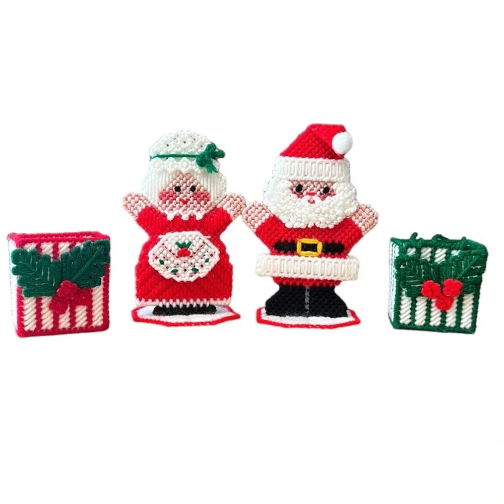 Vintage Christmas Santa & Mrs. Santa Claus Needlepoint Standing Figures Presents